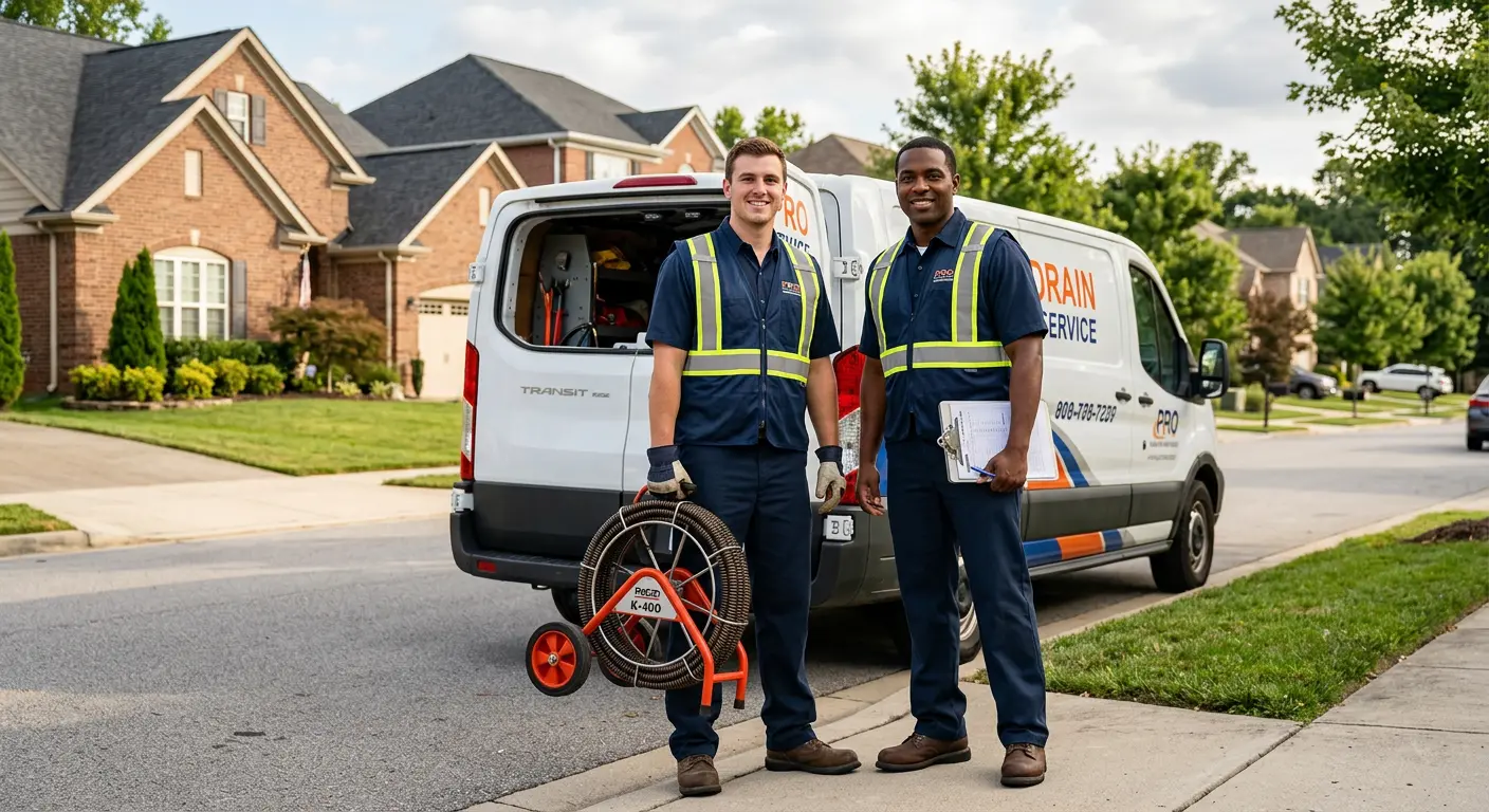 Sewer and drain service team with equipment ready for work in Altamont