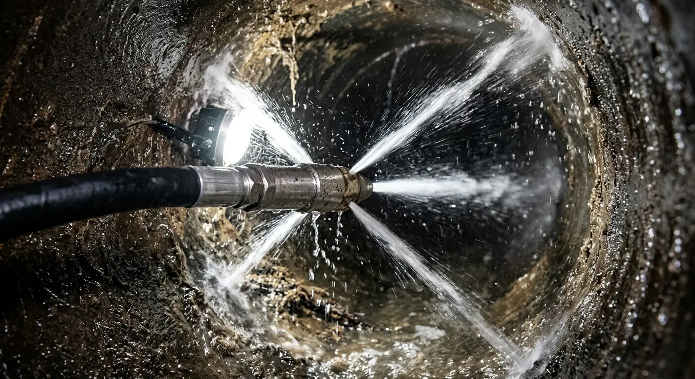 High-pressure hydro jetting nozzle cleaning sewer pipe for Emergency Drain Service in Altamont