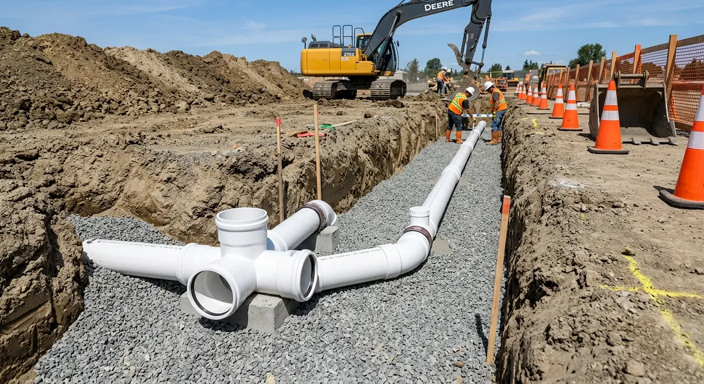 New PVC sewer pipe installation in open trench for Sewer Camera Inspection in Altamont
