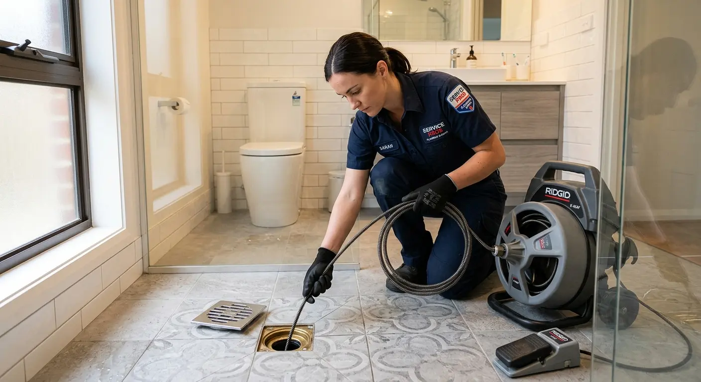 Technician clearing a bathroom floor drain for Sewer Line Replacement in Altamont